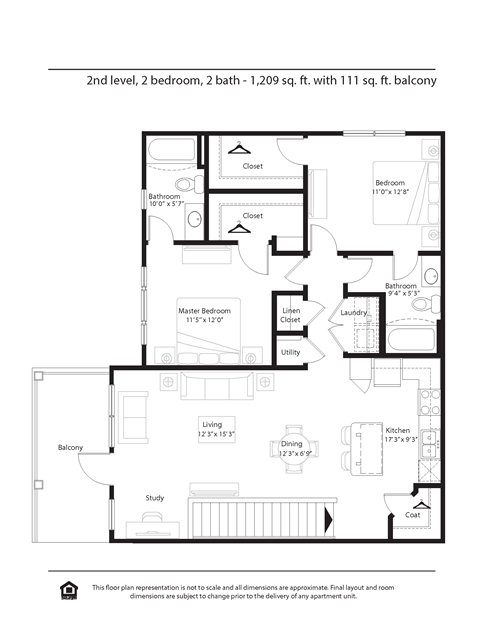 Floor plan for 2 beds, 2 baths, 1189 sqft